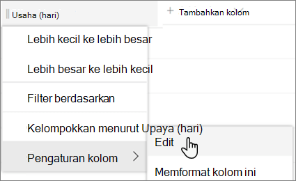 Panel Edit kolom di SharePoint dengan opsi Hapus dipilih