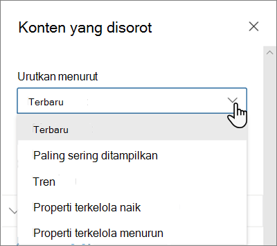 Opsi Urutkan Menurut untuk komponen web Konten yang Disorot dalam pengalaman SharePoint modern
