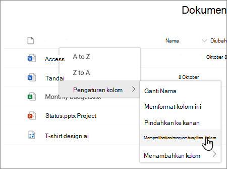 Opsi Tampilkan > /sembunyikan kolom pengaturan kolom saat judul kolom dipilih dalam daftar atau pustaka SharePoint modern