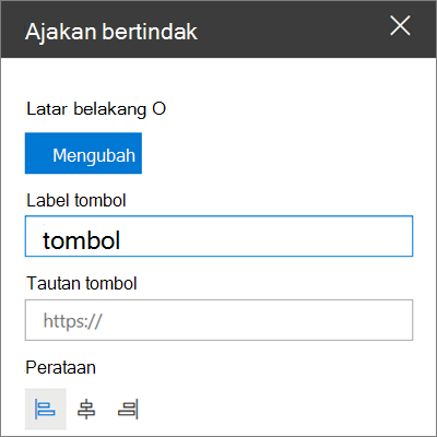 Kotak alat untuk komponen web Ajakan Bertindak untuk situs SharePoint, yang memperlihatkan cara menyesuaikan tautan, tombol, dan perataan komponen web