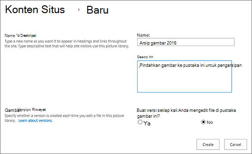 Masukkan nama, deskripsi, dan penerapan versi opsional
