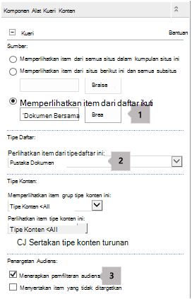 Daftar properti Komponen Web Kueri Konten dengan tiga boks keterangan