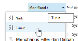 Menu penyortiran drop-down di header kolom