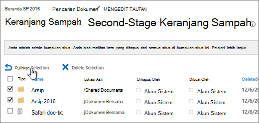 Daur ulang tingkat 2 SharePoint dengan tombol pulihkan disorot