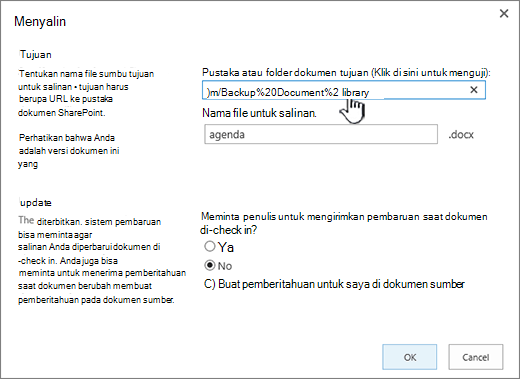 Kotak dialog Salin dengan URL yang dipilih.