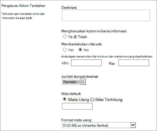 Pilihan untuk kolom mata uang