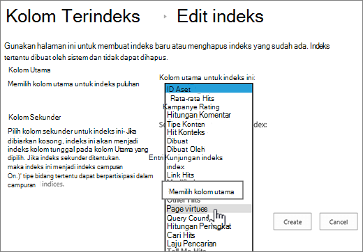 Edit halaman indeks dengan kolom dipilih dari kotak drop-down
