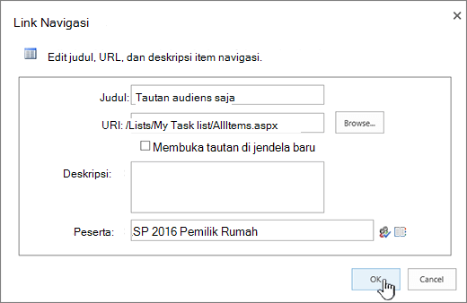 Properti tautan navigasi dengan OK disorot.