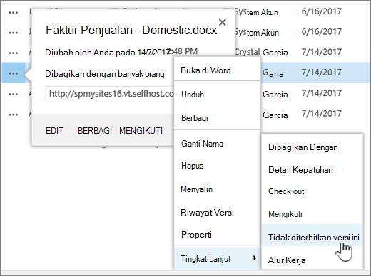 Klik Batalkan penerbitan versi ini