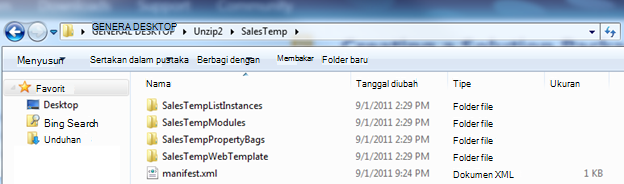Cuplikan layar Windows Explorer yang memperlihatkan Web Solution Package (.wsp) yang dikembalikan ke ukuran yang sebenarnya.