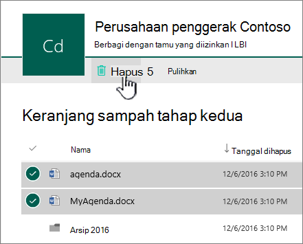 Daur ulang tingkat ke-2 SharePoint Online dengan tombol hapus disorot