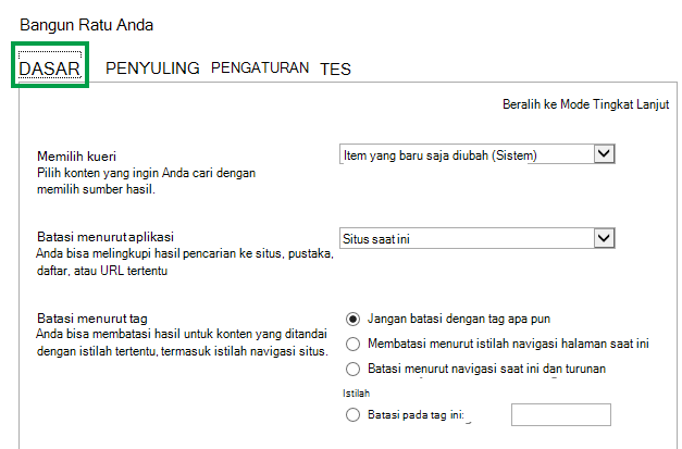 Tab DASAR saat mengonfigurasi kueri dalam Komponen Web Pencarian Konten
