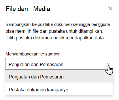 Panel properti penampil file dengan drop-down Hubungkan ke sumber