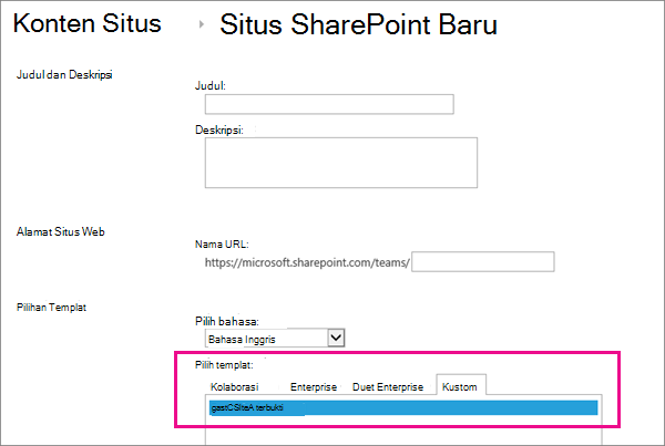 Bagian atas Dialog Buat Situs