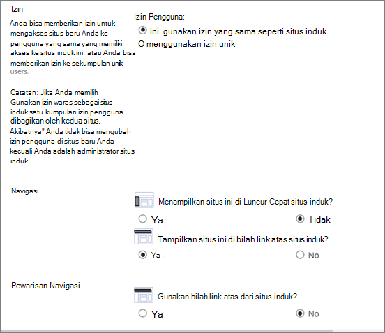 Bagian bawah dialog Buat Situs