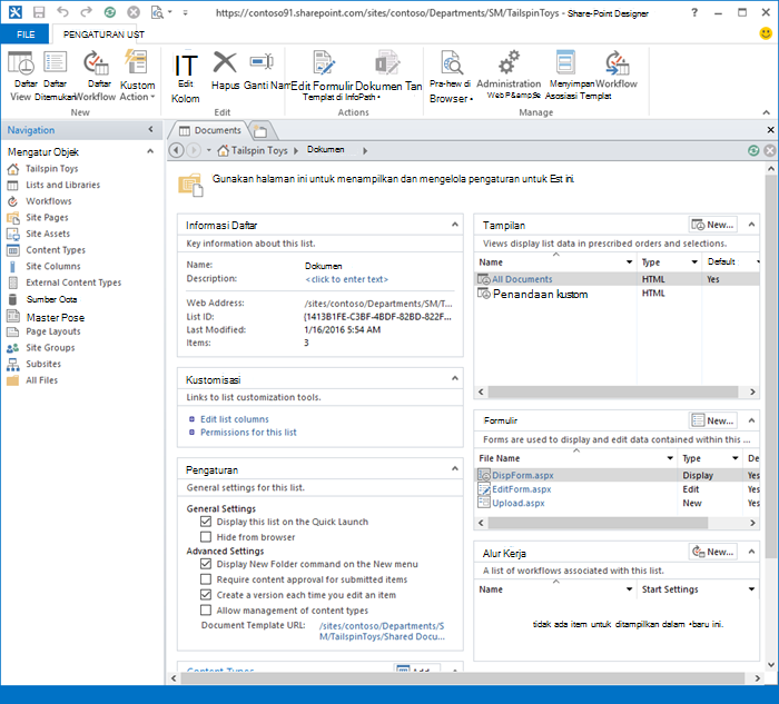 Gambar halaman depan SharePoint Designer 2013.