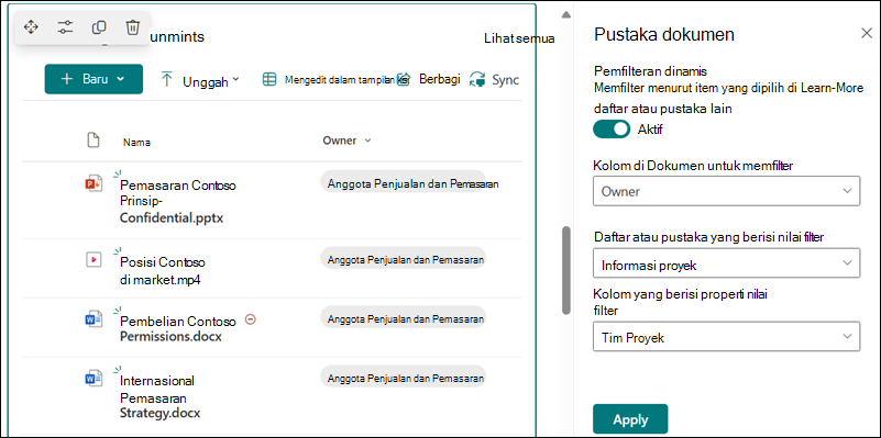 Pustaka dokumen dengan panel terbuka untuk opsi pemfilteran dinamis