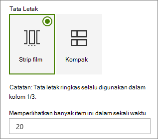 Pilihan tata letak di panel properti komponen web Kejadian.