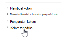 Tautan kolom yang diindeks di halaman pengaturan Daftar atau Pustaka