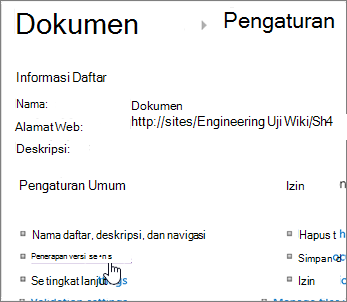 Dialog pengaturan pustaka dengan Penerapan Versi dipilih.