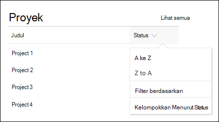 Buat komponen web daftar dengan menu urutkan, filter, dan grup