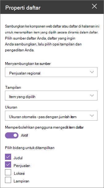 Panel komponen web Properti daftar