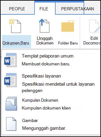 Menu Dokumen Baru dengan tipe konten yang dikustomisasi dalam SharePoint