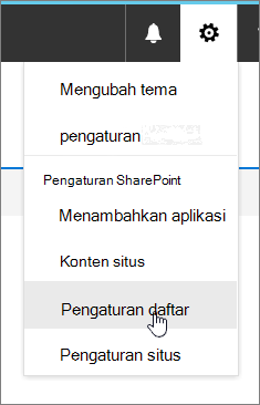 Menu Pengaturan dengan pengaturan Daftar disorot