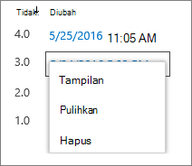 Opsi riwayat versi (lihat, pulihkan, hapus)