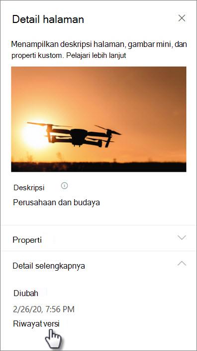 Cuplikan layar tautan riwayat versi di bawah detail halaman