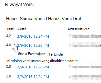 Riwayat versi dengan satu versi minor dihapus