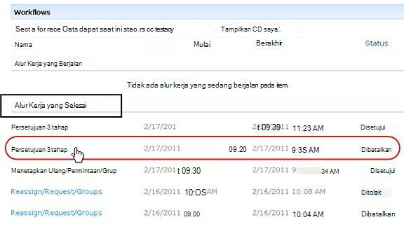 Daftar Alur Kerja yang diselesaikan pada halaman Alur Kerja untuk item
