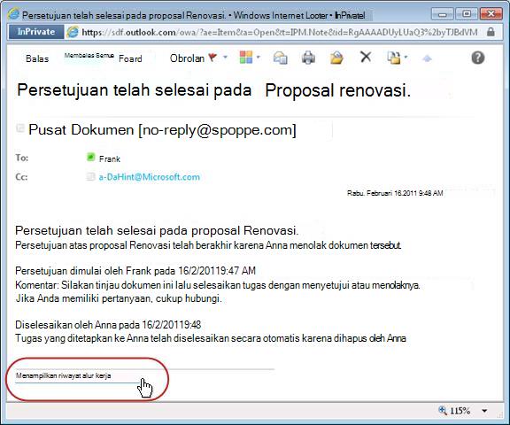 Pemberitahuan penyelesaian alur kerja dengan link riwayat disorot
