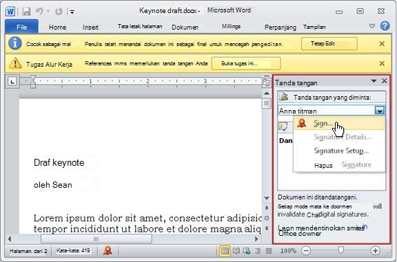 Item dengan panel Tanda Tangan dibuka