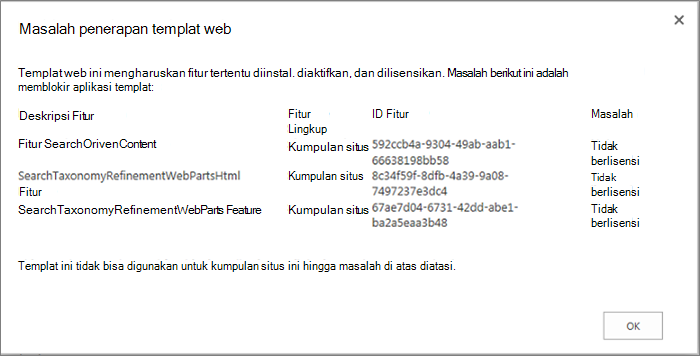 Cuplikan layar pesan kesalahan memperlihatkan kesalahan yang mungkin Anda dapatkan jika fitur yang tidak tersedia mencegah pembuatan situs di SharePoint Online.