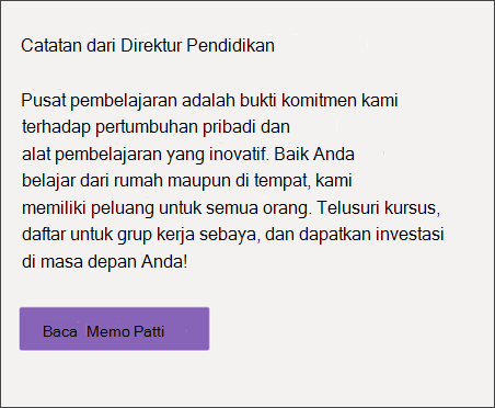 Situs Pusat Pembelajaran Komponen web teks memperlihatkan pesan sambutan atau area pengumuman untuk templat