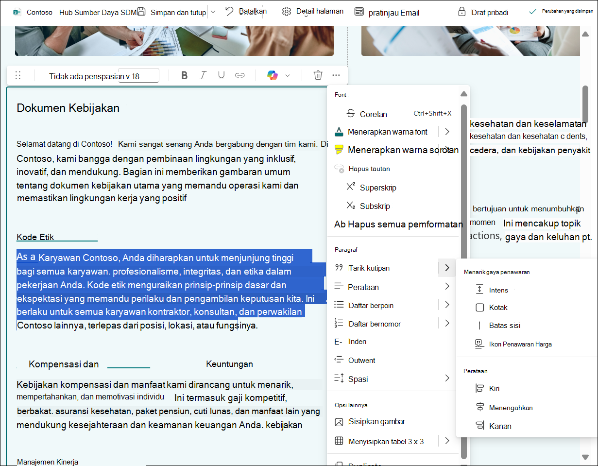 cuplikan layar pengeditan tabel teks