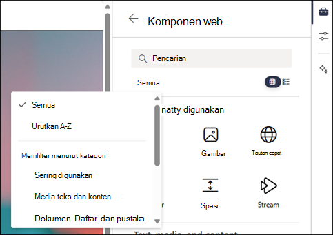 Memfilter komponen web di tingkat 2 toolbox