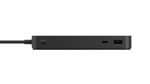 Memperlihatkan dua port di bagian depan dok Surface Thunderbolt 4 (USB-A dan USB-C).