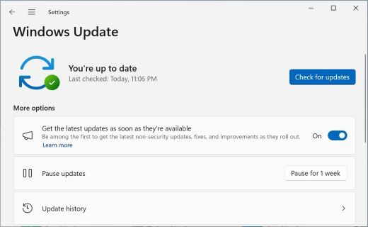 Menampilkan layar Windows Update, dengan tombol alih yang memungkinkan Anda memilih apakah akan segera mendapatkan pembaruan terkini setelah tersedia.