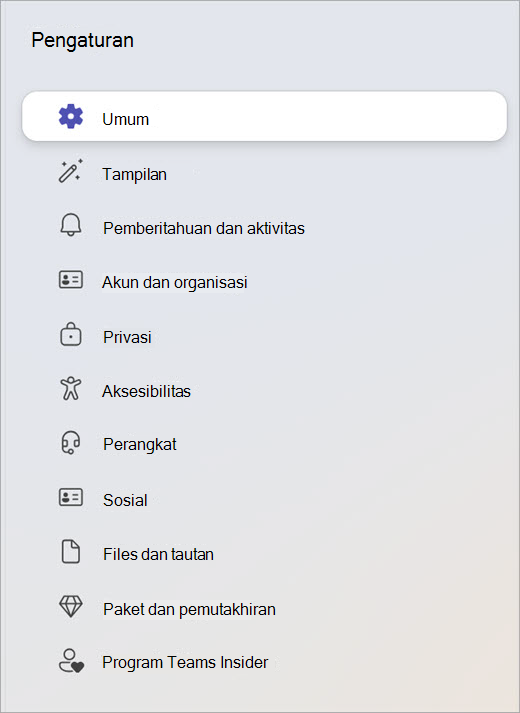Cuplikan layar panel Pengaturan memperlihatkan kategori seperti Umum, Privasi, dan Perangkat.