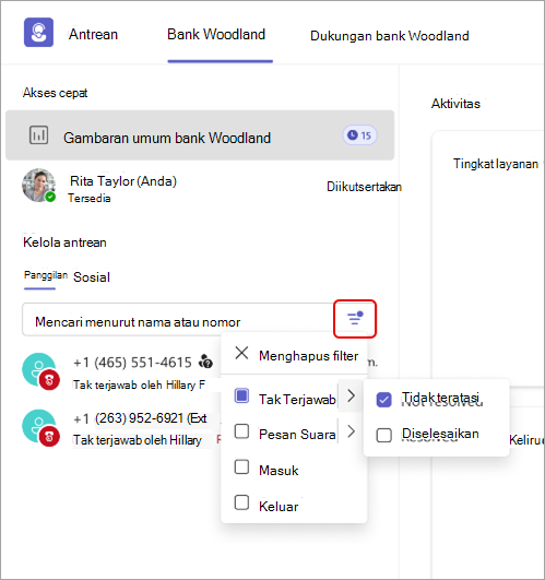 Cuplikan layar yang menampilkan detail filter panggilan di aplikasi Antrean.