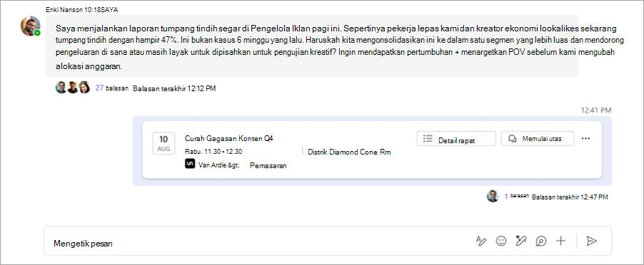 Cuplikan layar memperlihatkan obrolan rapat teralur di saluran Microsoft Teams.