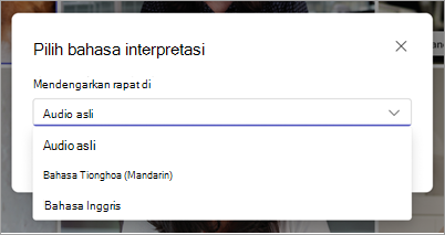 Cuplikan layar memperlihatkan menu menurun Pilih bahasa interpretasi di Microsoft Teams.