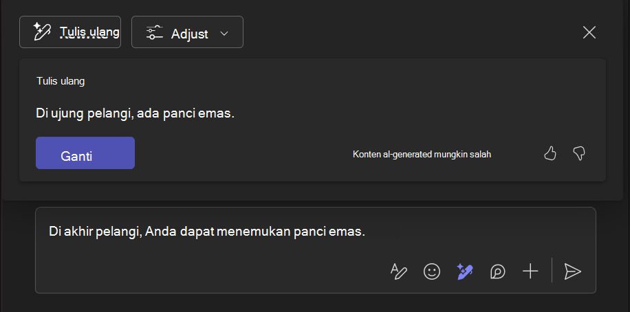 Cuplikan layar menampilkan cara menulis ulang dengan alat Copilot membantu menyempurnakan teks.