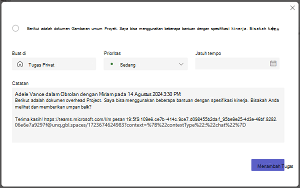 Cuplikan layar memperlihatkan pembuatan tugas dalam Tugas Privat dan detail yang bisa Anda atur.