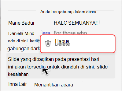 Cuplikan layar yang memperlihatkan cara menghapus pesan dari obrolan pertemuan umum.