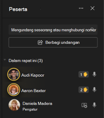 Gambar yang memperlihatkan peserta di sebelah kiri layar dengan ikon angkat tangan.