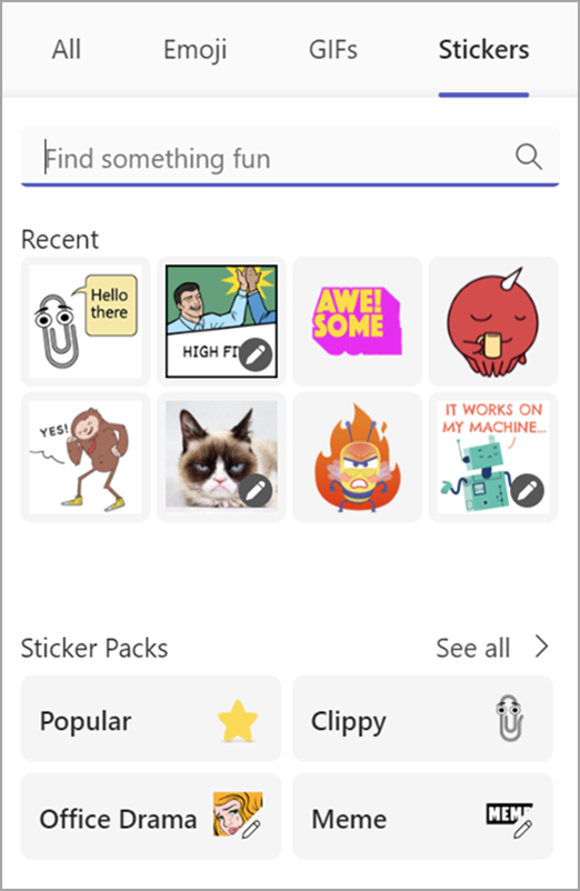 Cuplikan layar memperlihatkan meme dan stiker di pemilih menyenangkan