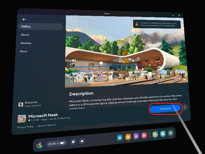 Halaman detail aplikasi Mesh di Quest